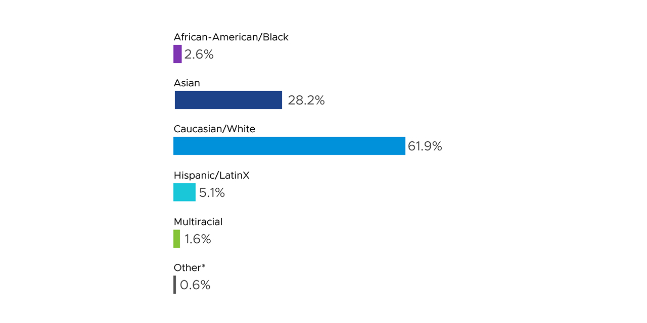 Racial Ethnicity breakdown in Leadership at VMware in 2021 in descending order: 67.1% white, 26.6 % Asian, 3.8% Hispanic/LatinX, 1.5% African-American/Black, 1.1 % Multiracial, 0.3 % other