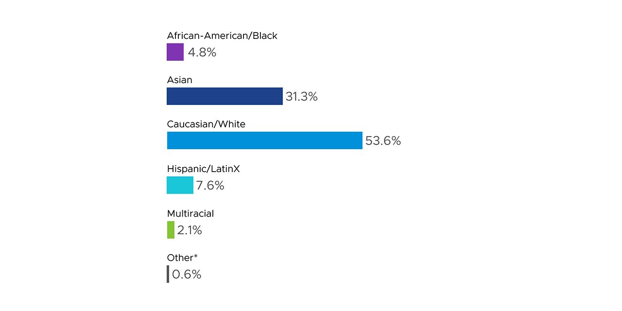 Racial Ethnicity breakdown at VMware in 2020 in descending order: 57.6.% white, 31.1 % Asian, 5.8 % Hispanic/LatinX, 3.2% African-American/Black, 1.8 % Multiracial, 0.5 % other